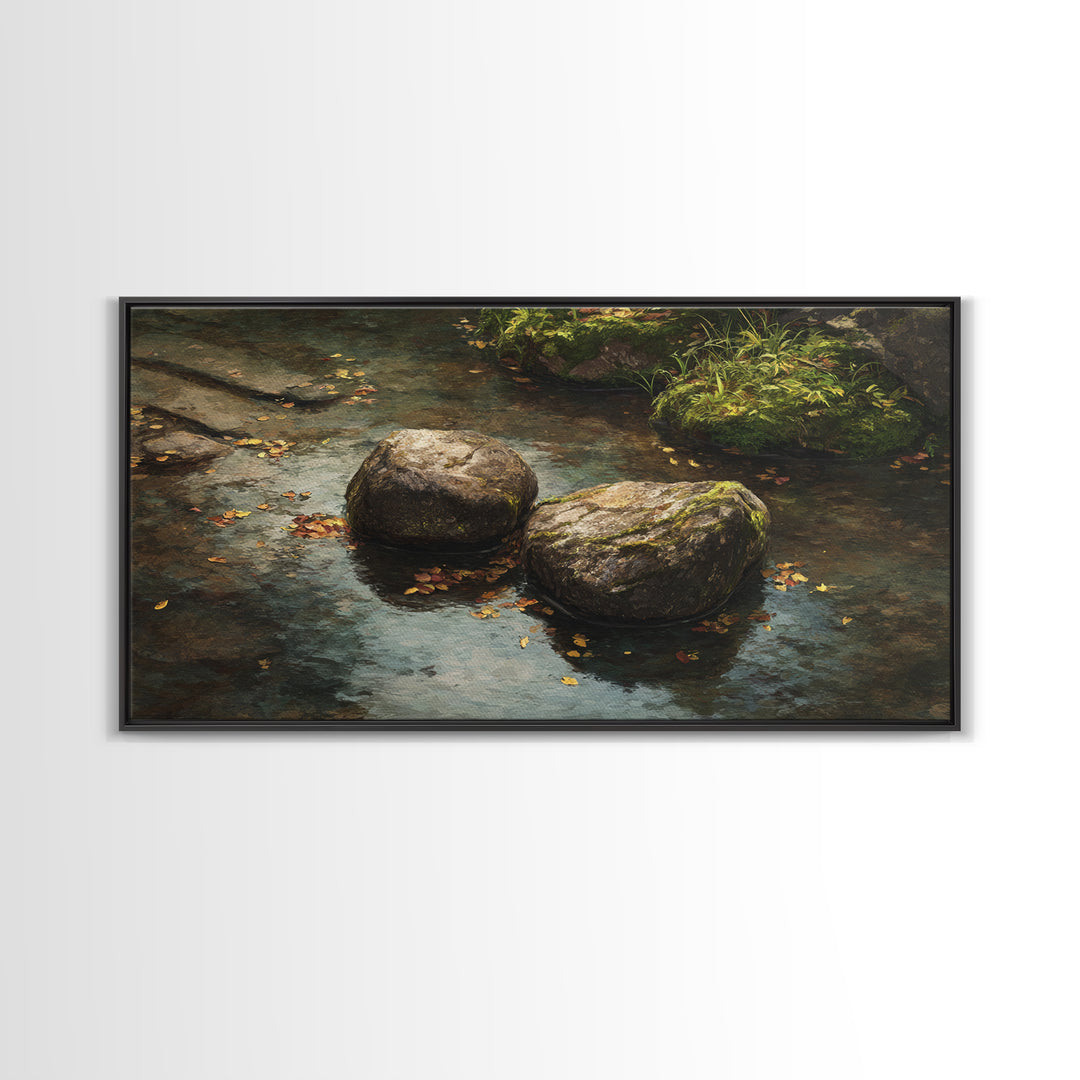 Close Up Nature Landscape Painting With Stream And Rocks Canvas Print Wall Art For Rustic Farmhouse Home Decor