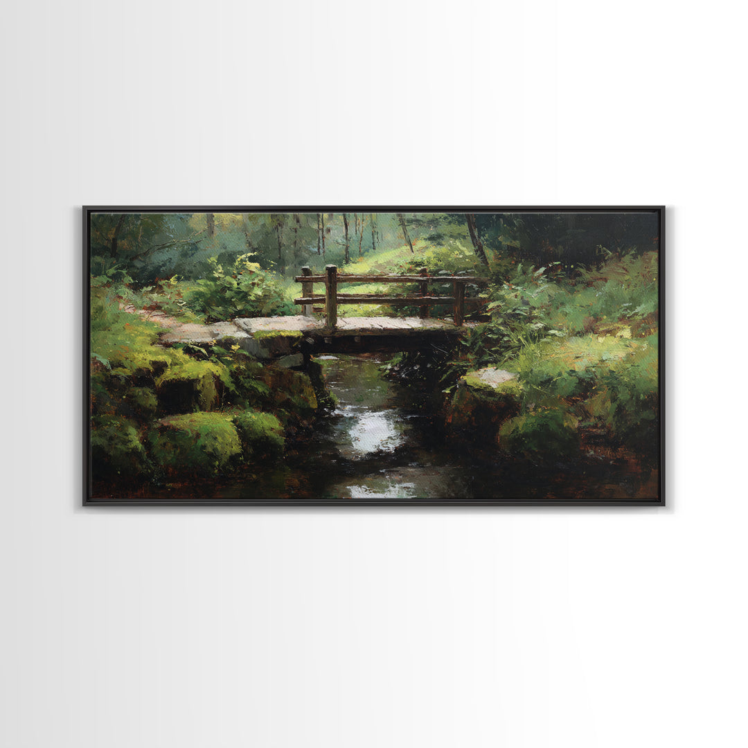Nature Trail With Wooden Bridge Over Stream Forest Waterfall Landscape Painting Canvas Print Wall Art
