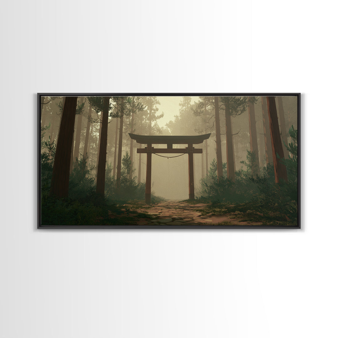 Mystical Japanese Torii Gate In Foggy Forest Scenic Landscape Wall Art Framed Canvas Print For Zen Home Decor And Meditation Space