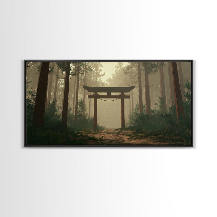 Mystical Japanese Torii Gate In Foggy Forest Scenic Landscape Wall Art Framed Canvas Print For Zen Home Decor And Meditation Space