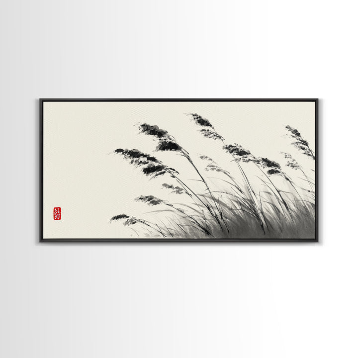 Elegant Monochrome Ink Brush Painting Of Swaying Grasses Minimalist Wall Art Canvas Print For Calm And Serene Home Decor