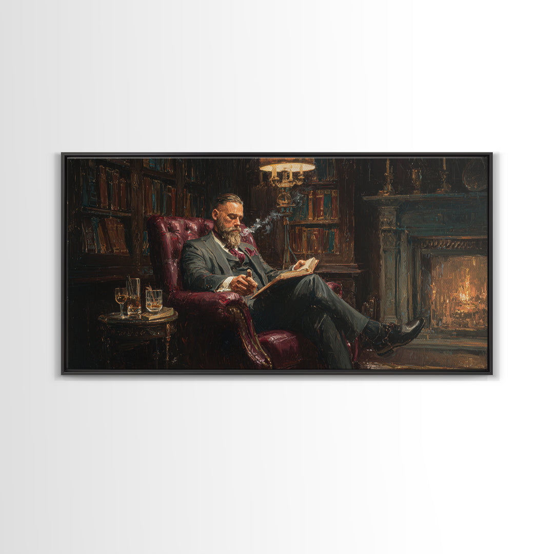 Bearded Man Reading By Fireplace Wall Art, Cozy Library Decor, Dark Academia Art, Book Lover Gift, Office Decor, Living Room Art