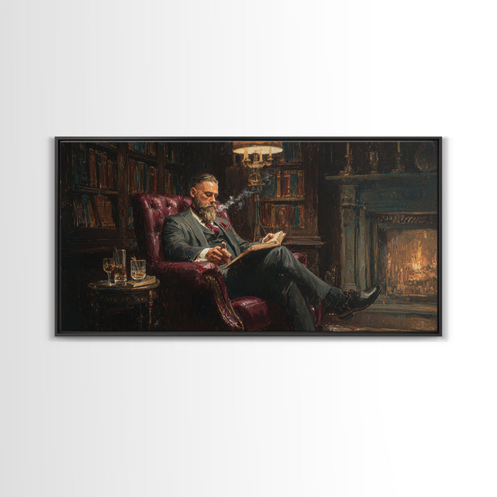 Bearded Man Reading By Fireplace Wall Art, Cozy Library Decor, Dark Academia Art, Book Lover Gift, Office Decor, Living Room Art