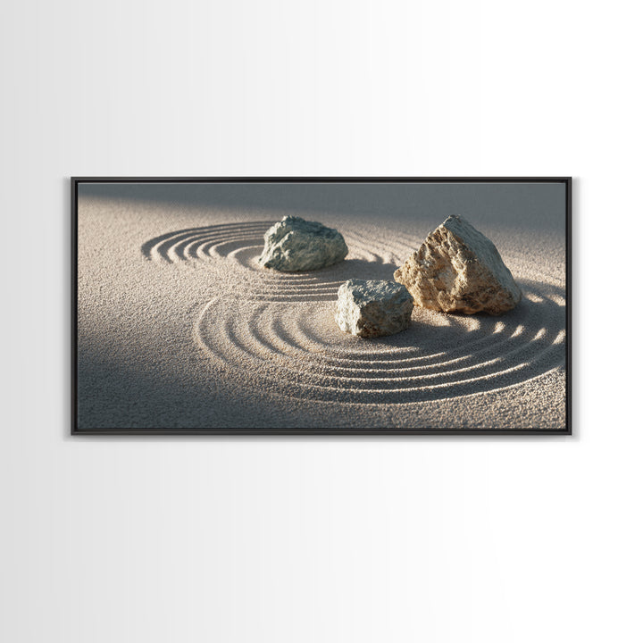 Zen Japanese Rock Garden With Sand And Stones Minimalist Wall Art Canvas Print For Calming Home Decor And Meditation Space