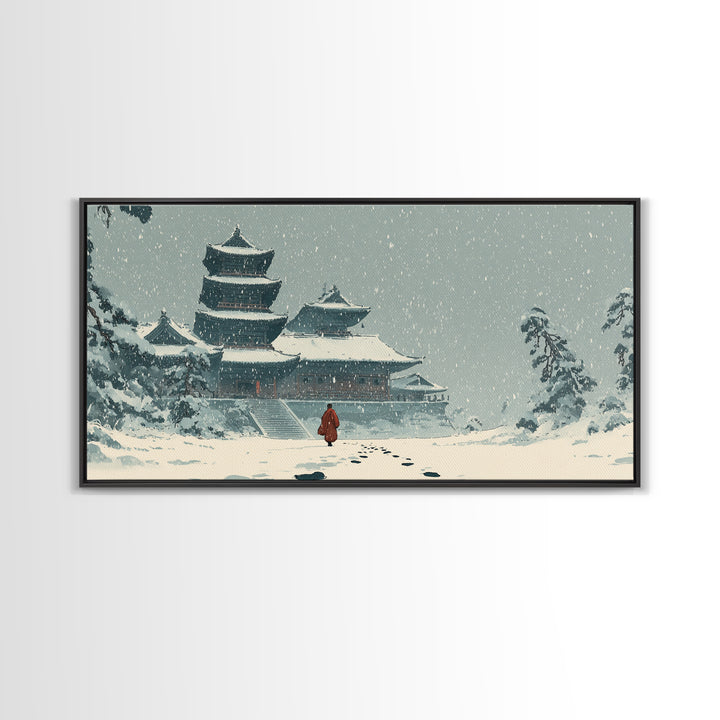 Snowy Temple Scene With Footprints In The Snow Winter Landscape Painting Framed Canvas Print