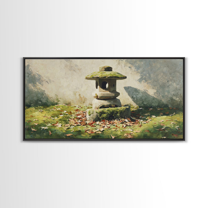 Classic Japanese Stone Lantern In Autumn Garden With Fallen Leaves Wall Art Traditional Asian Garden Canvas Print Framed