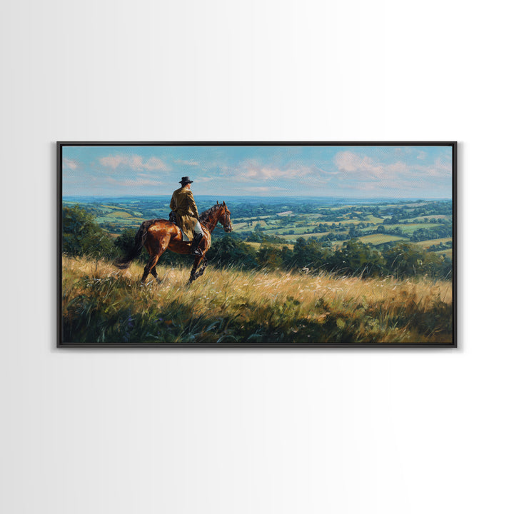 Horse Rider Countryside Landscape Wall Art, Equestrian Canvas Print, Rustic Farmhouse Decor, Horse Lover Gift, Living Room Decor