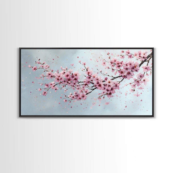 Pink Cherry Blossom Wall Art, Sakura Branch Painting, Japanese Botanical Decor, Spring Floral Living Room Bedroom Canvas Print