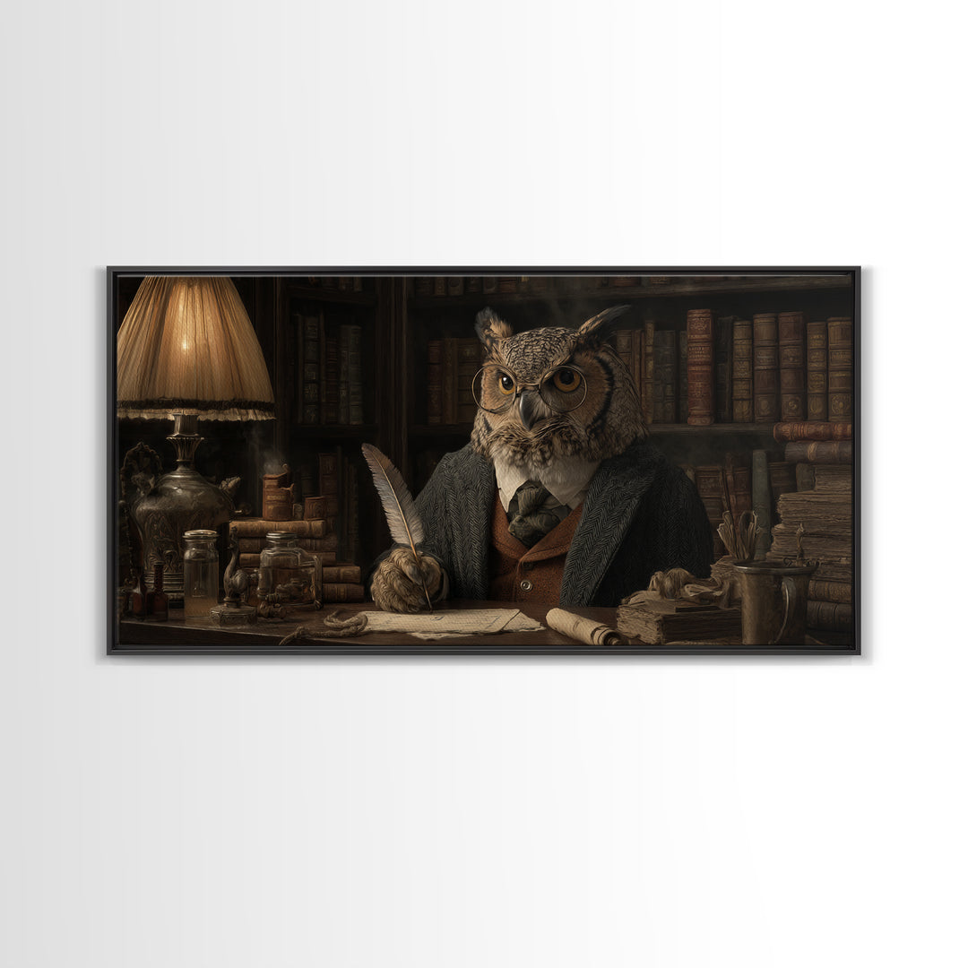 Scholar Owl In Antique Library Canvas Print, Whimsical Animal Wall Art, Dark Academia Decor, Book Lover Gift, Office Art