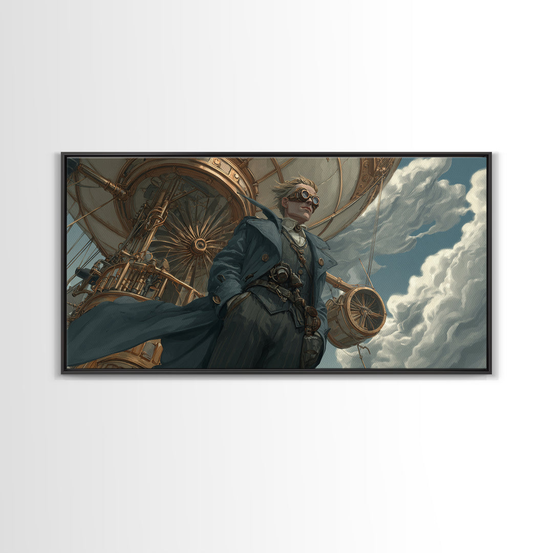 Steampunk Aviator In Blue Coat Canvas Print, Fantasy Wall Art, Industrial Airship Decor, Dramatic Office Art Gift For Him