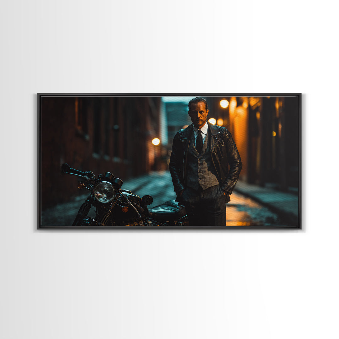 Moody Biker With Motorcycle In Rainy Alley Framed Canvas Print, Masculine Wall Art, Urban Wall Decor, Man Cave Gift For Him