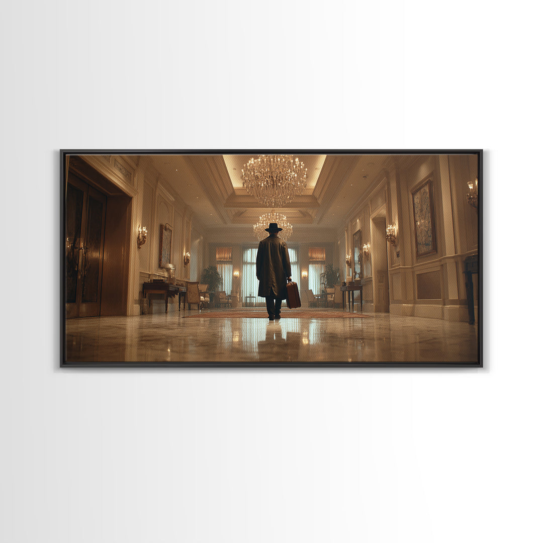Mysterious Traveler In Luxury Hotel Lobby Canvas Print, Moody Wall Art, Dark Academia Decor, Grand Hallway Office Art Gift
