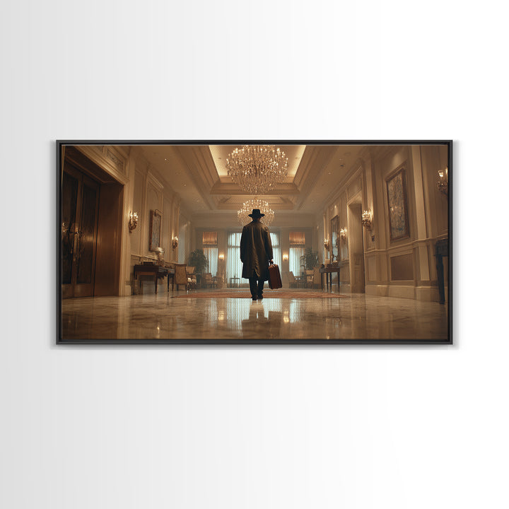 Mysterious Traveler In Luxury Hotel Lobby Canvas Print, Moody Wall Art, Dark Academia Decor, Grand Hallway Office Art Gift