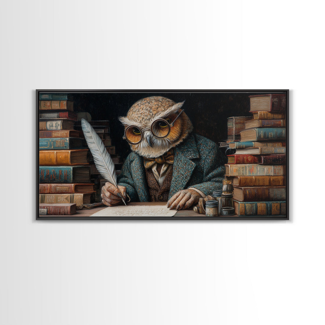 Scholarly Owl Writing Among Antique Books Framed Canvas Print, Whimsical Wall Art, Library Decor, Dark Academia, Bird Lover Gift