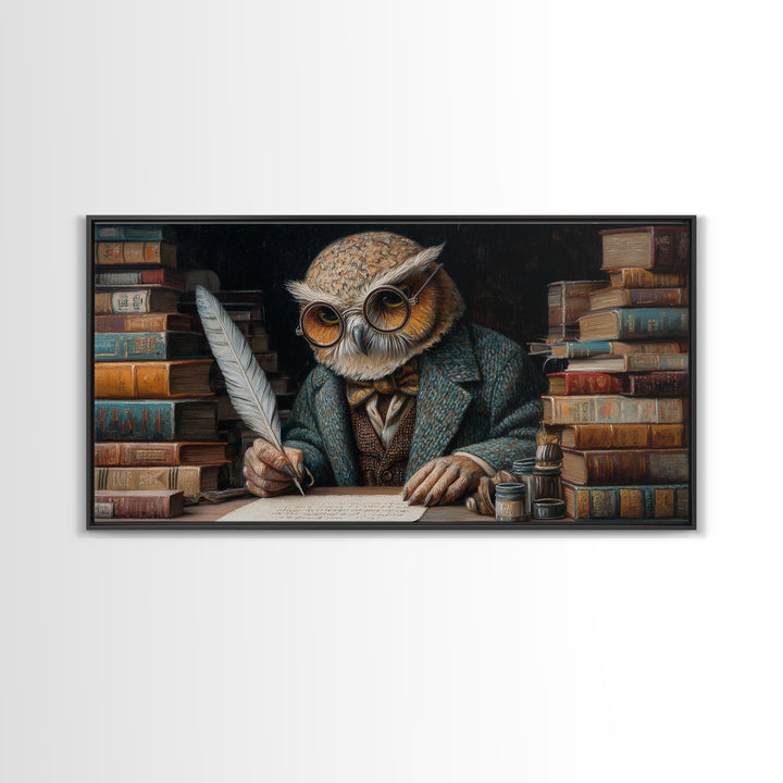 Scholarly Owl Writing Among Antique Books Framed Canvas Print, Whimsical Wall Art, Library Decor, Dark Academia, Bird Lover Gift