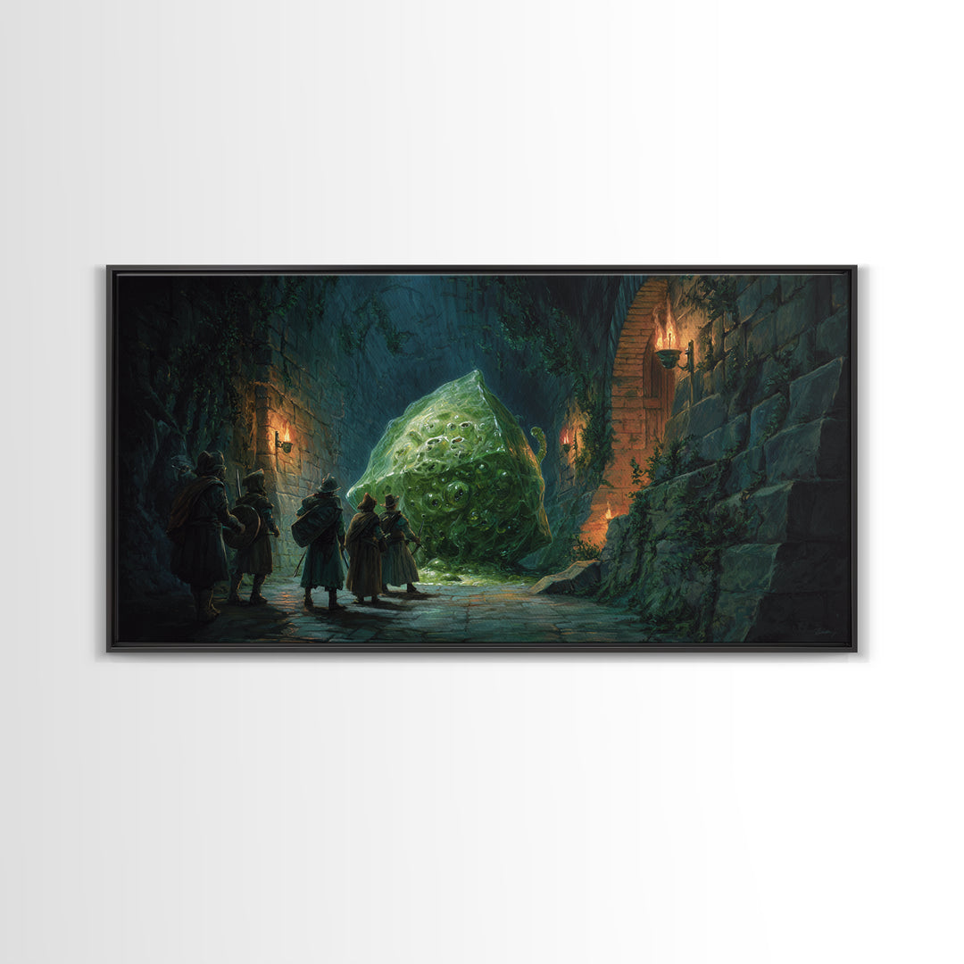 Adventurers Face A Green Slime Monster Canvas Print, Fantasy Art, Dungeon Wall Decor, Dnd Art Print, Gaming Room Decor, Gift