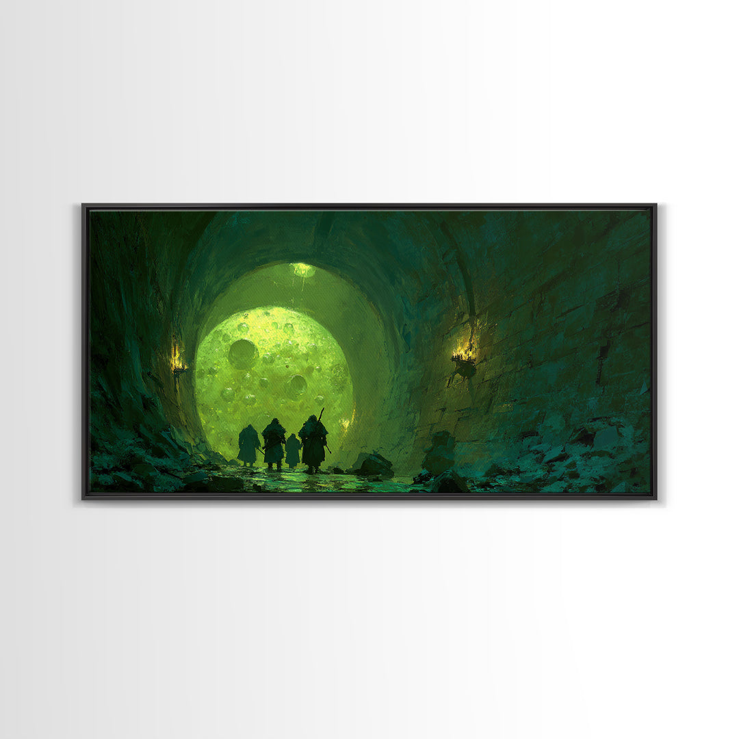 Glowing Green Moon Tunnel Wall Art, Dark Fantasy Landscape, Dungeon Decor, Whimsical Art Print, Gaming Room Wall Decor, Gift