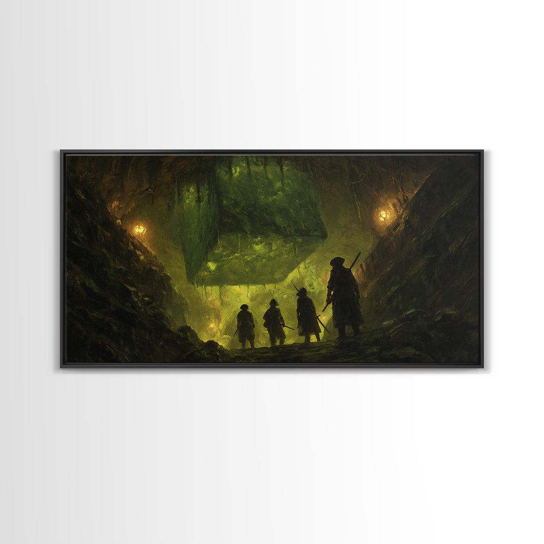 Adventurers Discover Floating Green Cube Canvas Print, Fantasy Cavern Wall Art, Dnd Decor, Gaming Room Art, Unique Gift Idea