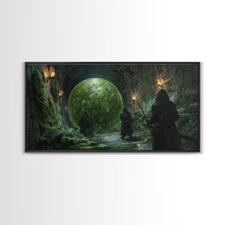 Cloaked Rangers Approach Green Orb Framed Canvas Print, Fantasy Dungeon Wall Art, Gothic Decor, Dnd Art, Gaming Room Decor
