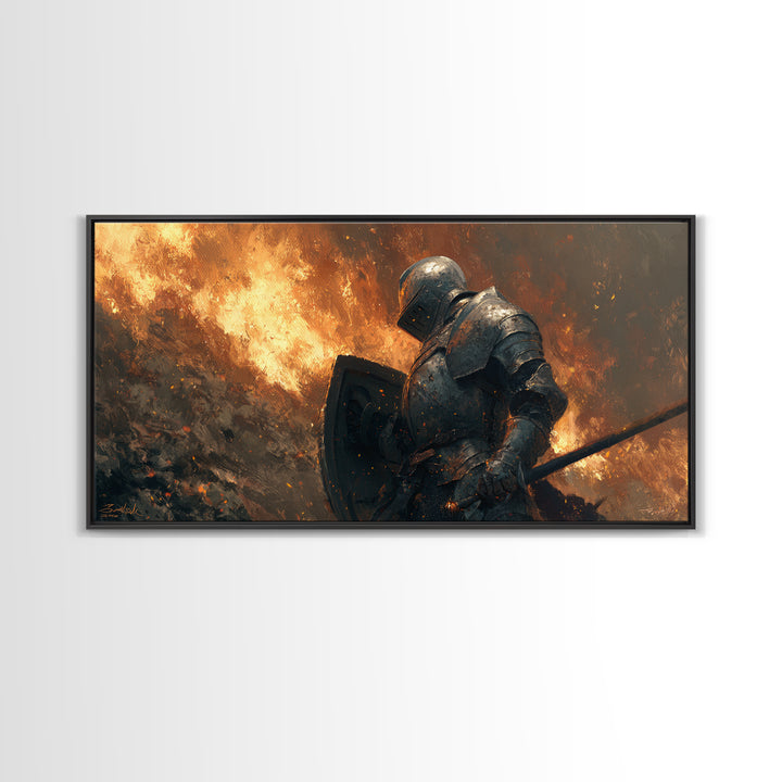 Armored Knight In Blazing Battlefield Canvas Print, Medieval Fantasy Art, Warrior Wall Decor, Gothic Wall Art, Gift For Him