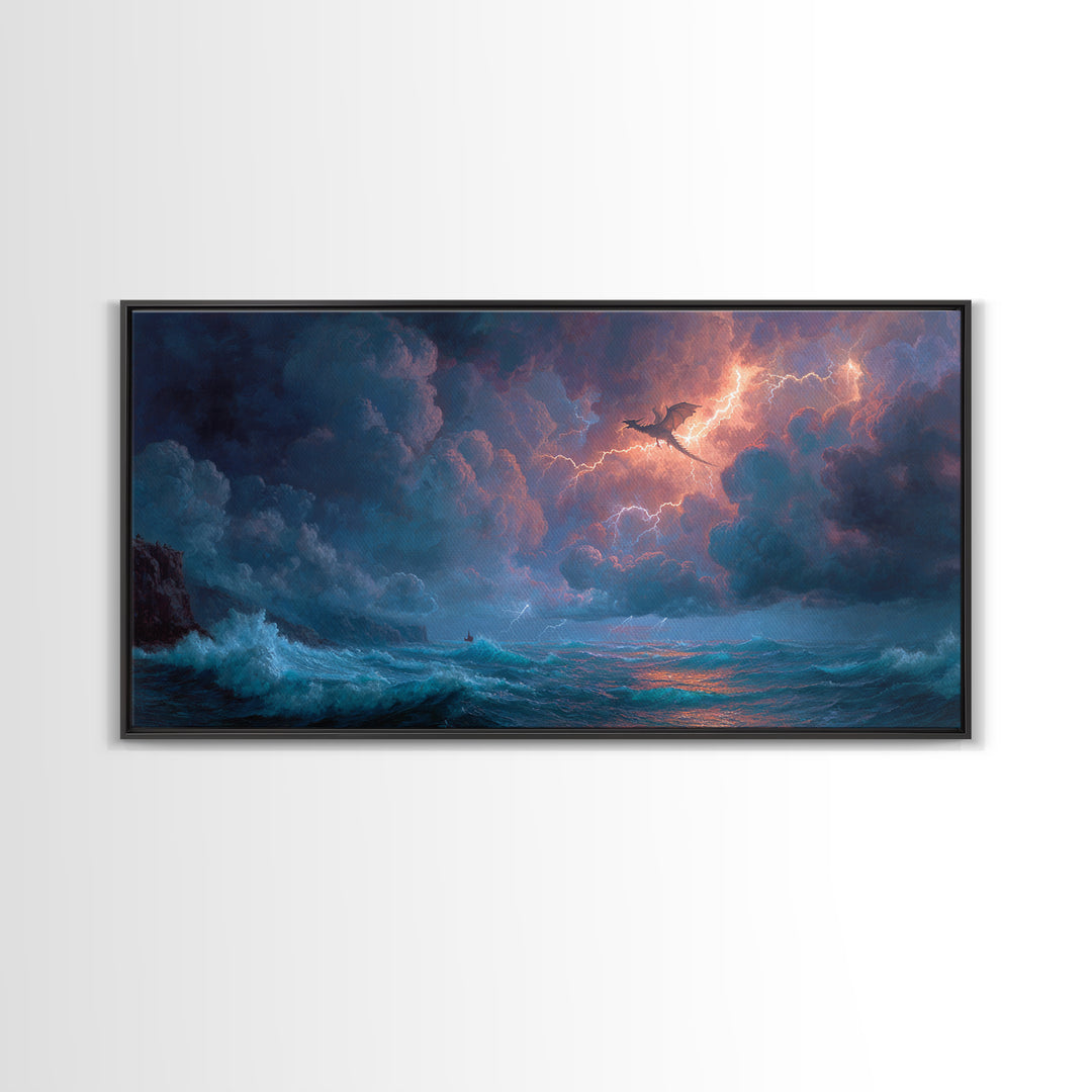 Stormy Ocean Dragon And Lightning Wall Art, Fantasy Seascape, Nautical Decor, Coastal Wall Art, Dramatic Fine Art Print, Home Decor
