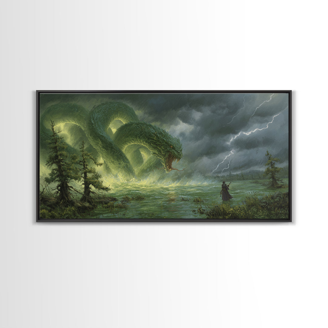 Giant Emerald Serpent In Stormy Marsh Canvas Print, Fantasy Wall Art, Dragon Artwork, Dark Academia Home Decor, Mystical Wall Decor