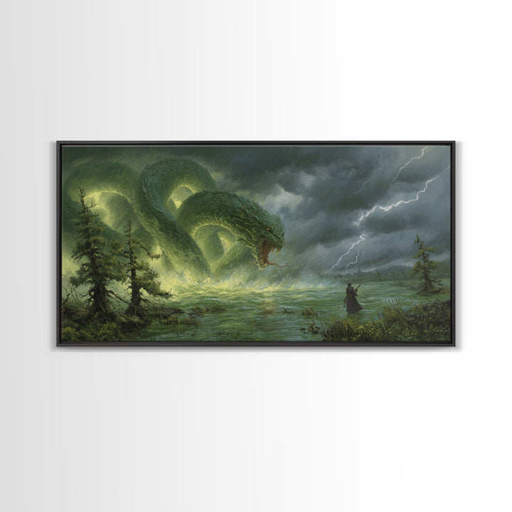 Giant Emerald Serpent In Stormy Marsh Canvas Print, Fantasy Wall Art, Dragon Artwork, Dark Academia Home Decor, Mystical Wall Decor