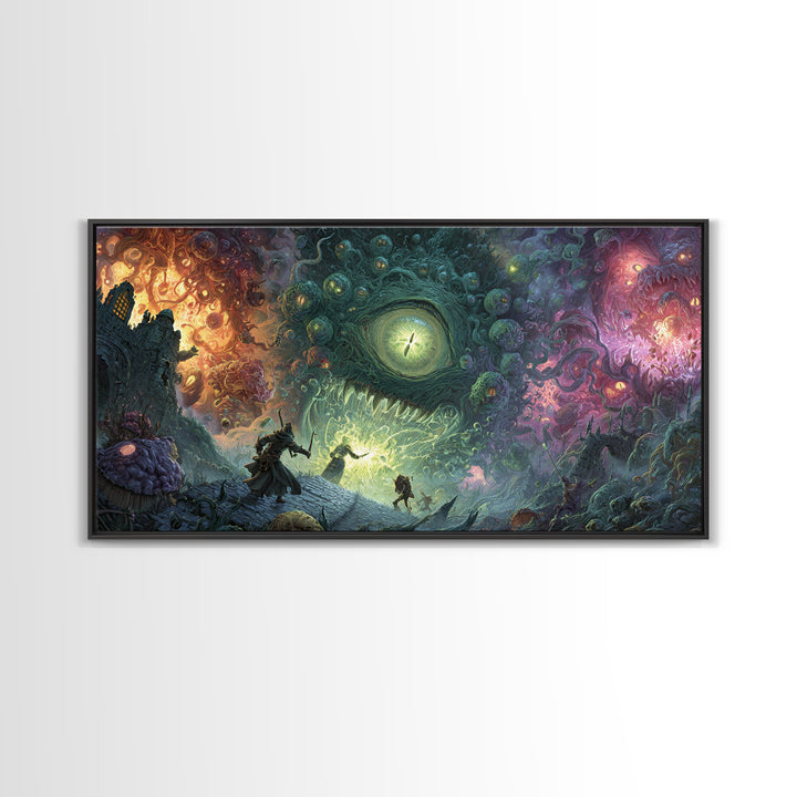 Adventurers Facing Cosmic Portal Monster Canvas Print, Surreal Fantasy Wall Art, Lovecraftian Game Room Decor Gift For Him
