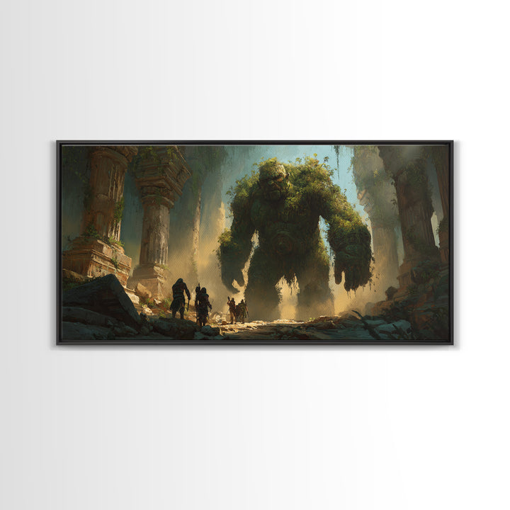 Ancient Moss Giant In Overgrown Temple Ruins Canvas Print, Fantasy Wall Art, Mythical Adventure Home Decor Gift For Gamer