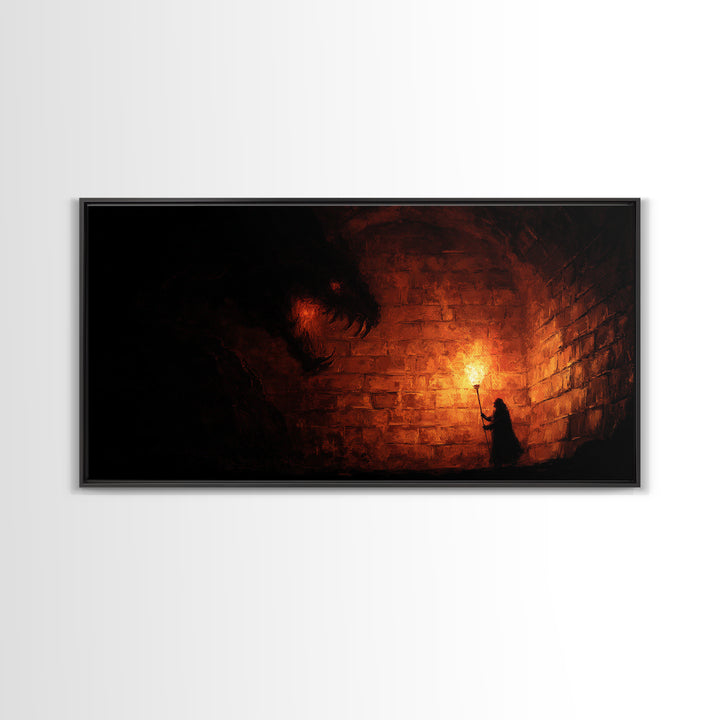 Cloaked Figure With Torch Facing Dungeon Beast Canvas Print, Gothic Wall Art, Dark Fantasy Creepy Horror Decor Gift For Him