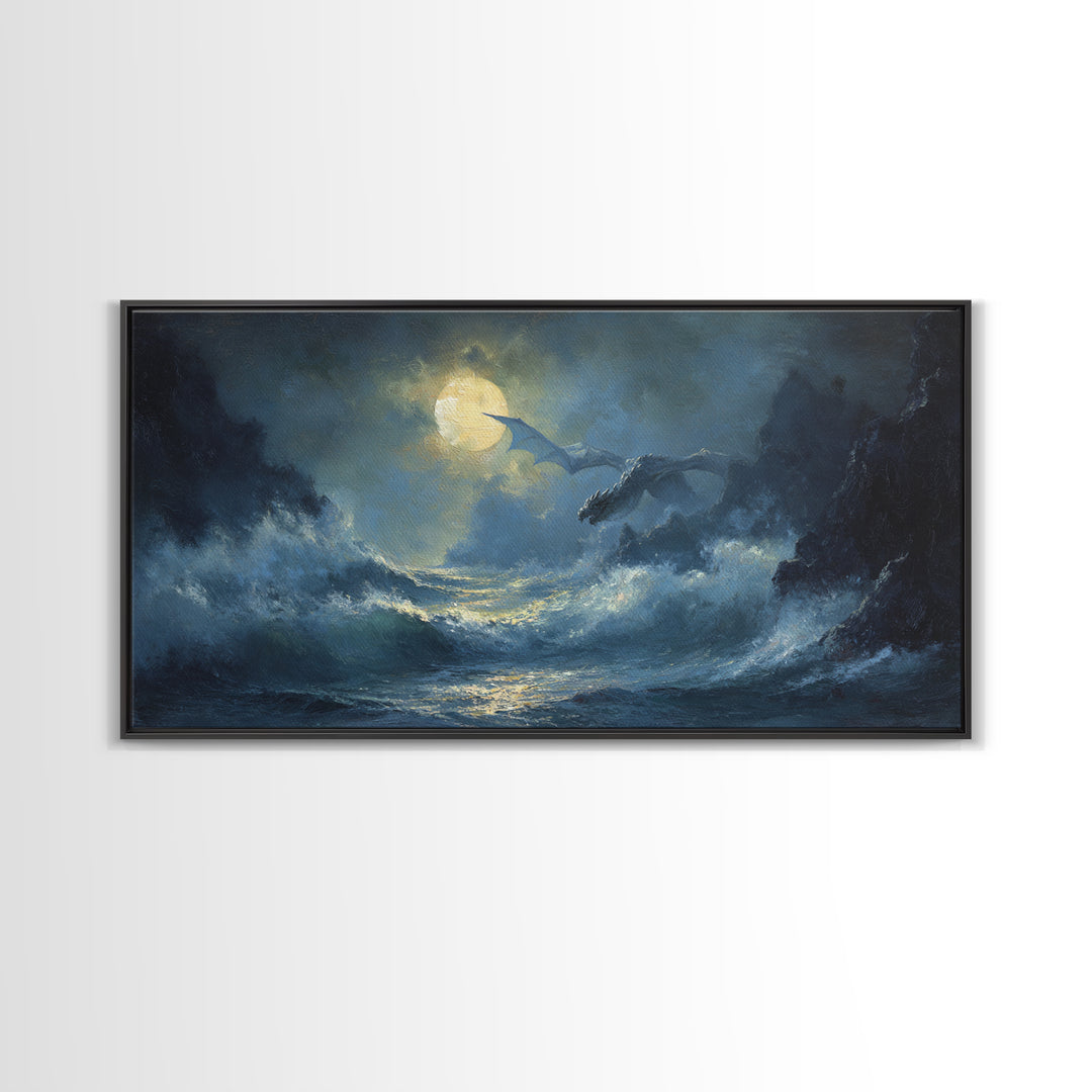 Moonlit Dragons Flying Over Stormy Ocean Waves Canvas Print, Fantasy Seascape Wall Art, Coastal Gothic Bedroom Decor Gift