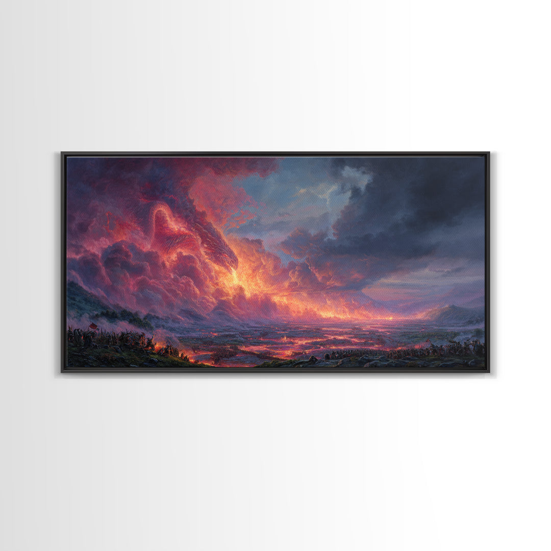 Glowing Lava Dragon Above Volcanic Valley Framed Canvas Print, Fantasy Landscape Wall Art, Dramatic Game Room Decor Gift For Him