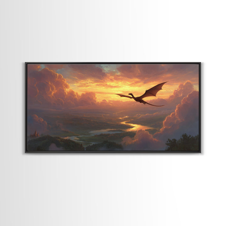 Sunset Dragon Over Golden River Valley Canvas Print, Fantasy Landscape Wall Art, Epic Castle Decor, Large Panoramic Artwork