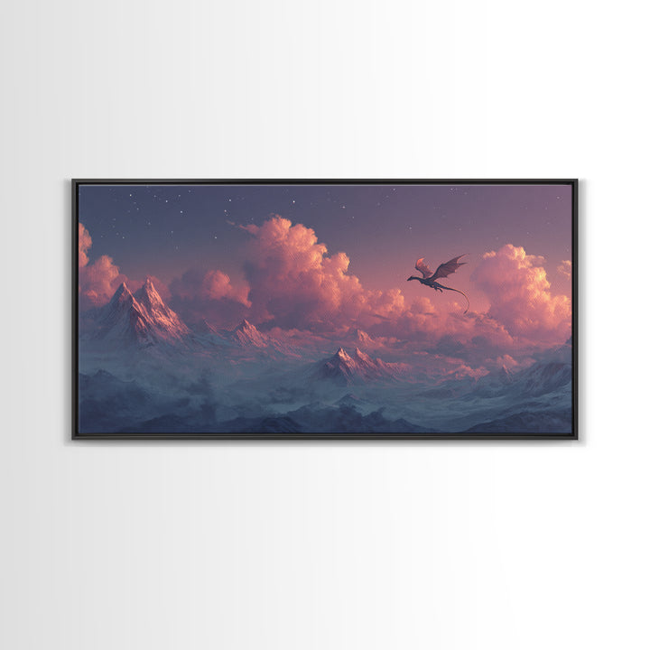 Twilight Dragon Above Snowy Mountains Framed Canvas Print, Fantasy Wall Art, Starry Sky Decor, Majestic Alpine Landscape
