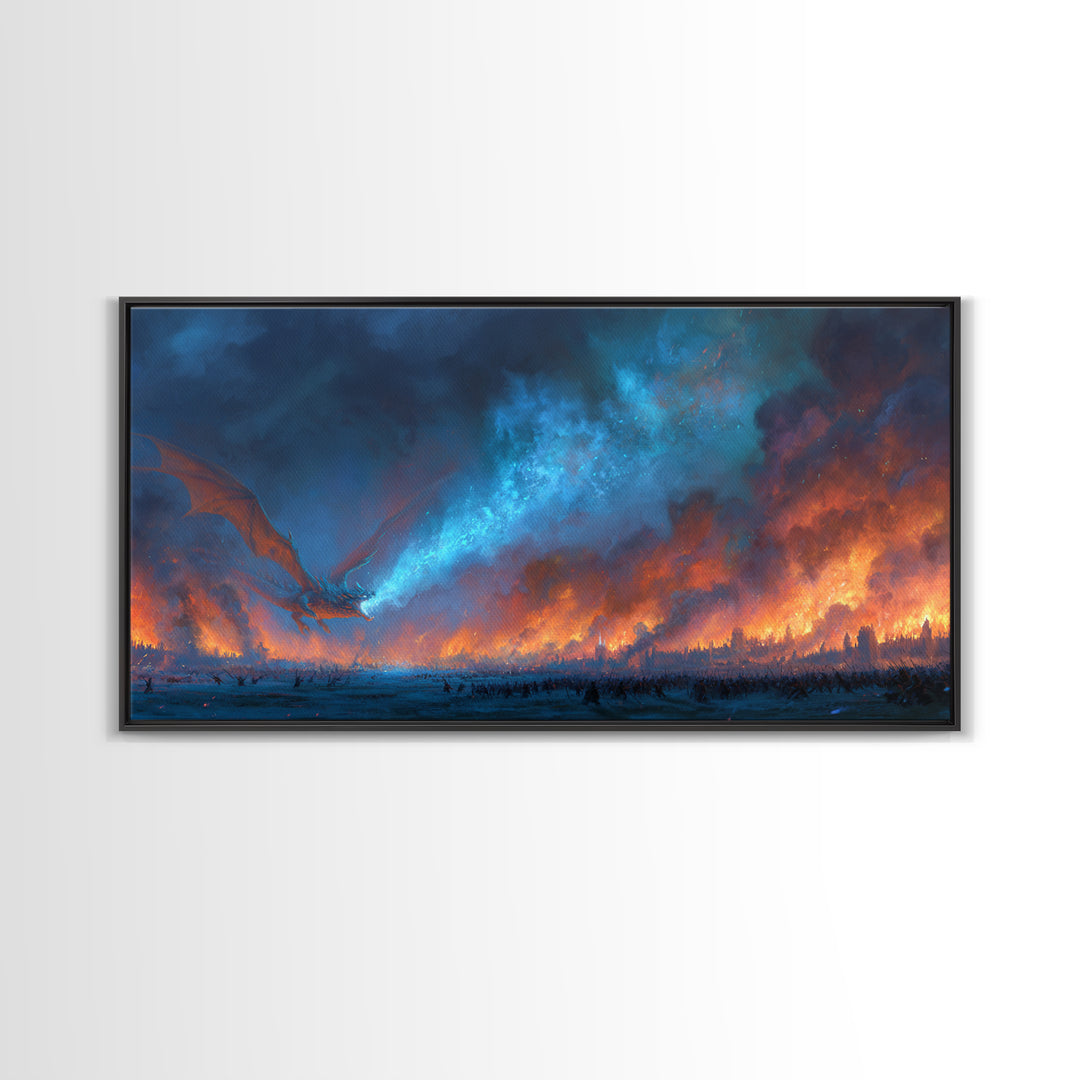 Blue Fire Dragon Over Burning Battlefield Canvas Print, Dark Fantasy Wall Art, Epic War Decor, Large Medieval Battle Artwork