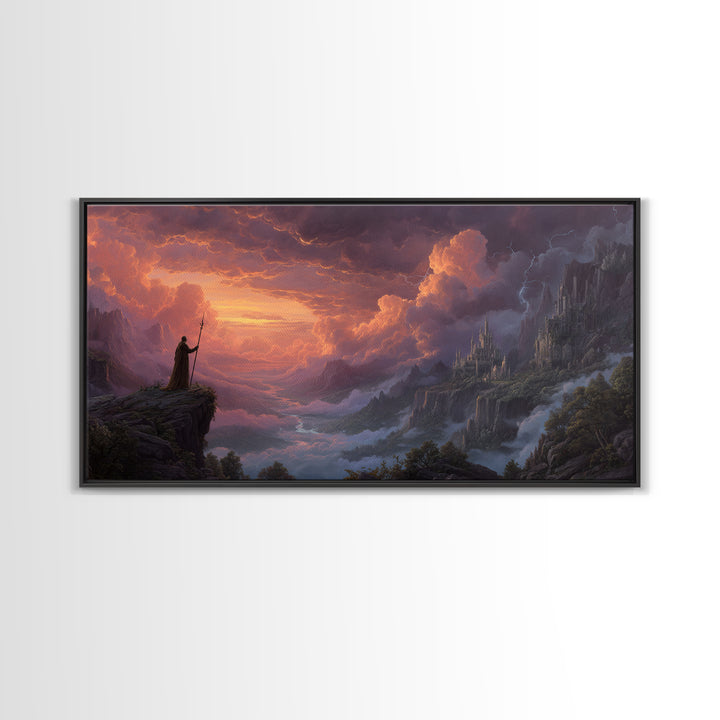 Cloaked Wizard Over Misty Castle Valley Framed Canvas Print, Fantasy Landscape Wall Art, Gothic Mountain Decor, Epic Artwork