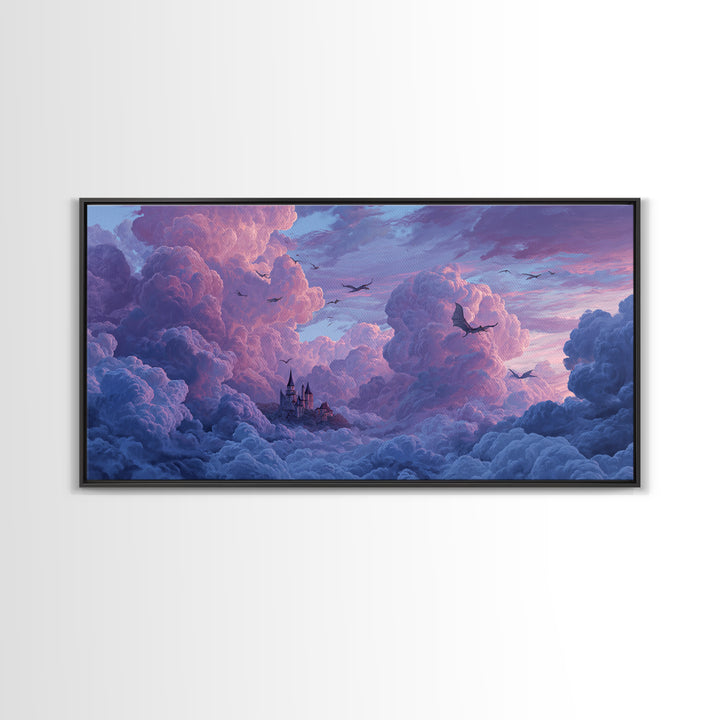 Dragons Soaring Through Lavender Clouds Canvas Print, Whimsical Fantasy Wall Art, Floating Castle Decor, Dreamy Sky Artwork