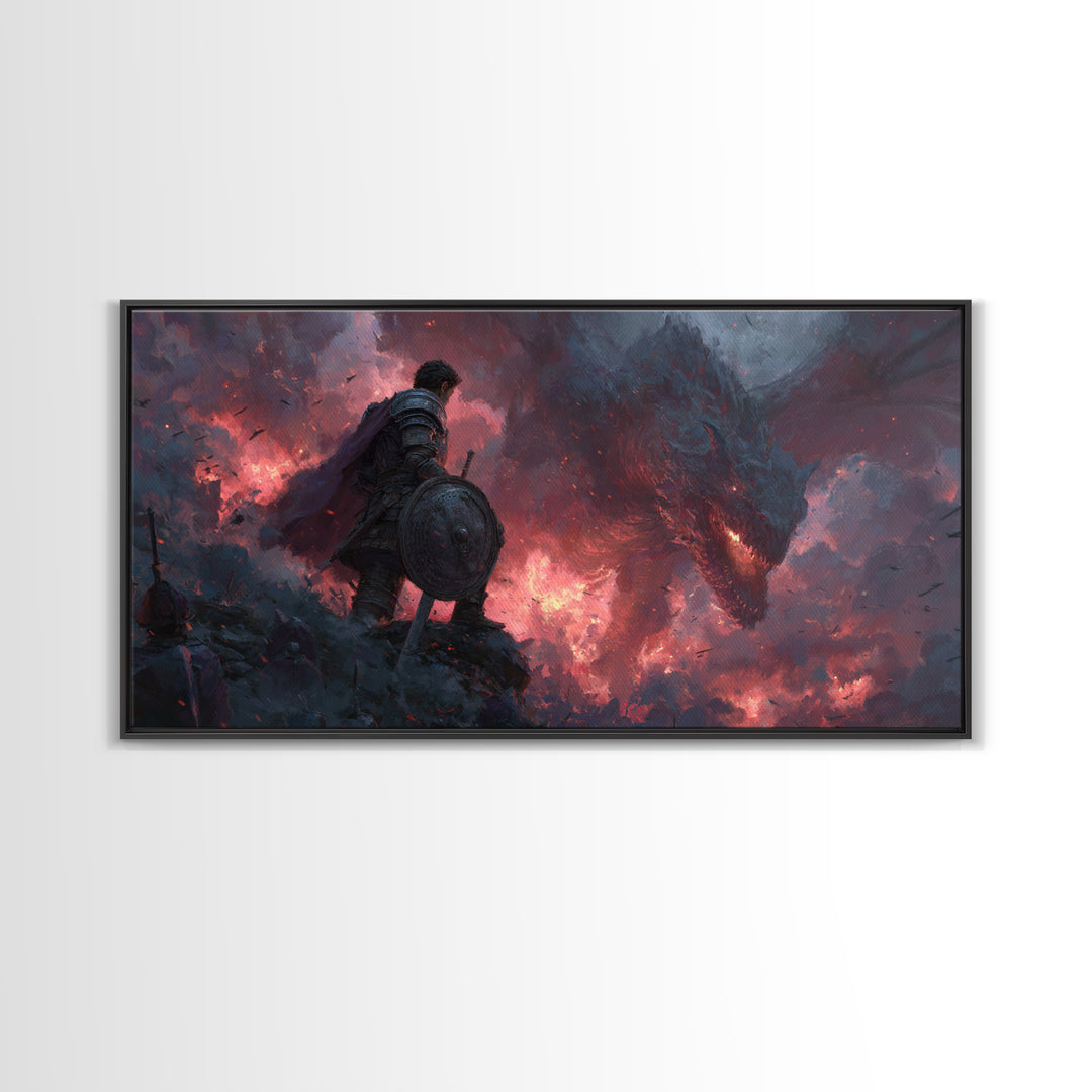 Lone Warrior Facing Shadow Dragon Framed Canvas Print, Dark Fantasy Wall Art, Gothic Battle Decor, Epic Medieval Artwork
