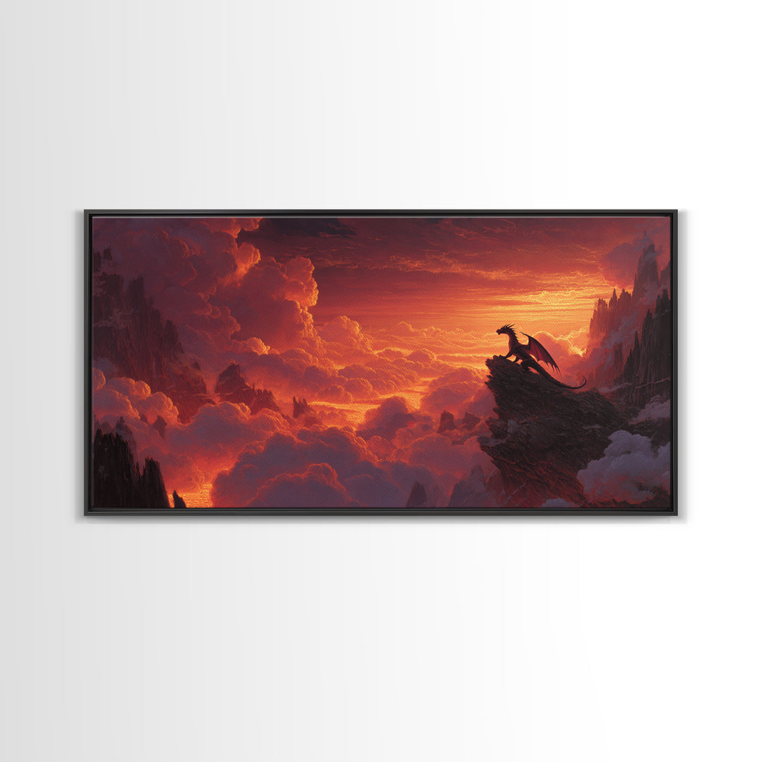 Lone Dragon On Cliff At Fiery Sunset Wall Art, Epic Fantasy Landscape, Medieval Castle Decor, Dramatic Canvas Print Gift