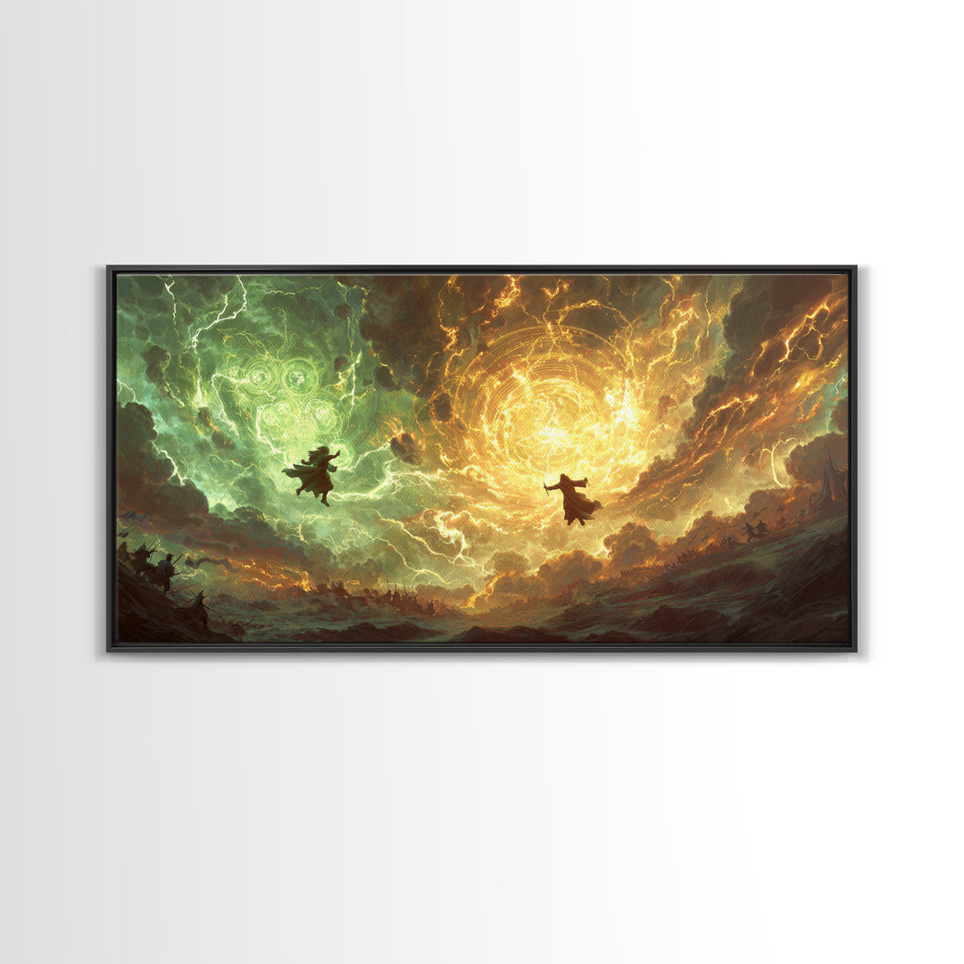 Soaring Wizards And Golden Magic Portal Wall Art, Mystical Fantasy Landscape, Spellcaster Canvas Print, Gaming Room Decor