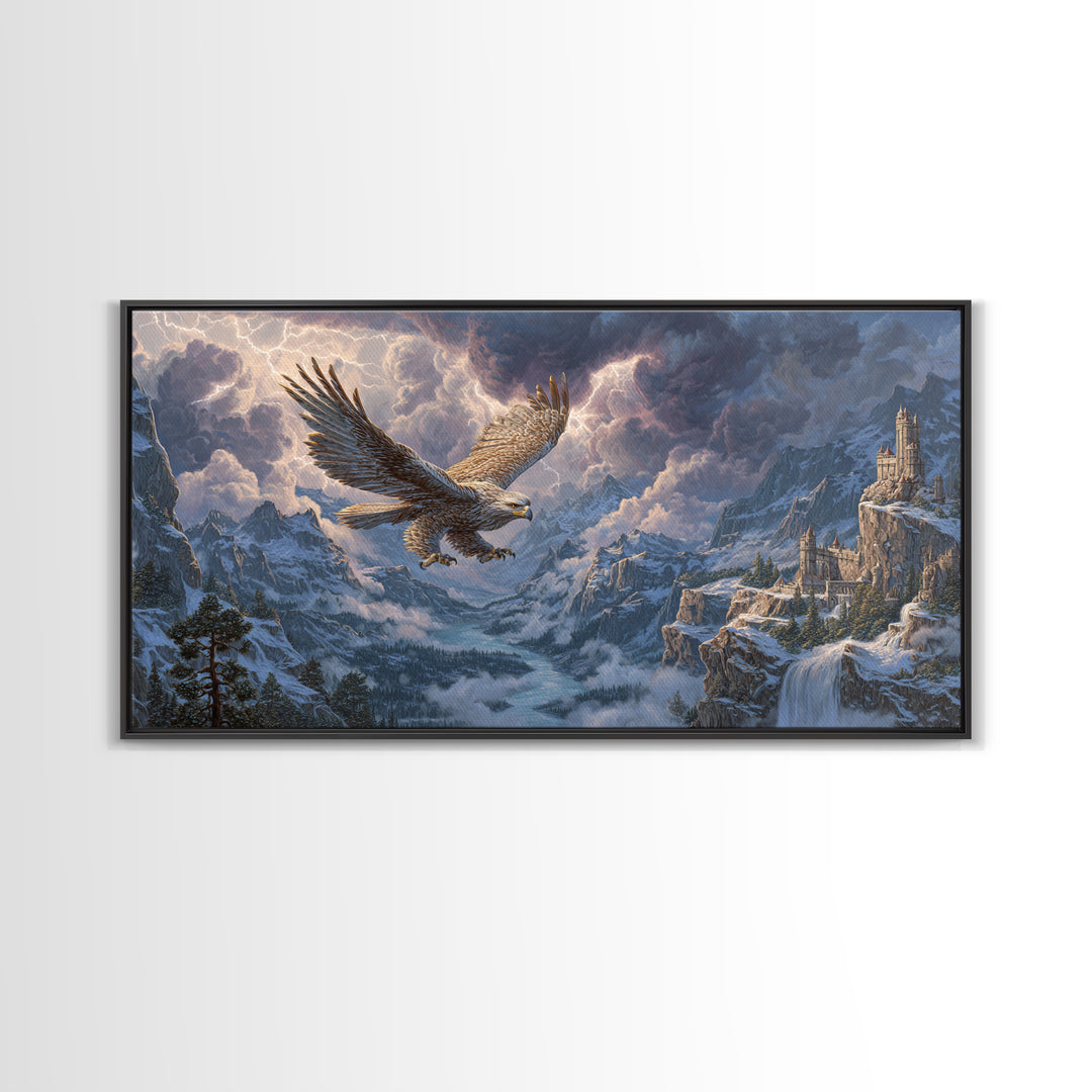 Giant Eagle Over Snowy Mountain Castle Framed Canvas Print, Epic Fantasy Landscape Wall Art, Wildlife Decor, Gift For Him