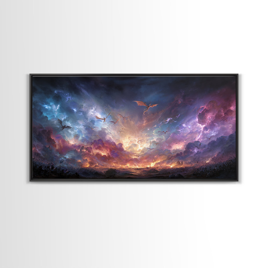 Dragons Flying Through Stormy Cosmic Sky Wall Art, Dark Fantasy Landscape Canvas Print, Surreal Decor, Gamer Room Art, Moody Wall Decor