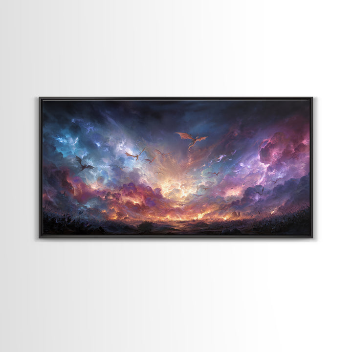 Dragons Flying Through Stormy Cosmic Sky Wall Art, Dark Fantasy Landscape Canvas Print, Surreal Decor, Gamer Room Art, Moody Wall Decor