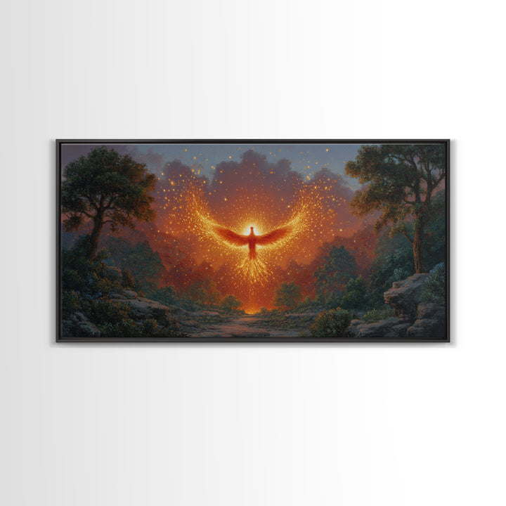 Glowing Phoenix Spirit In Enchanted Forest Wall Art, Fantasy Landscape Canvas, Mystical Home Decor, Magical Gift For Her