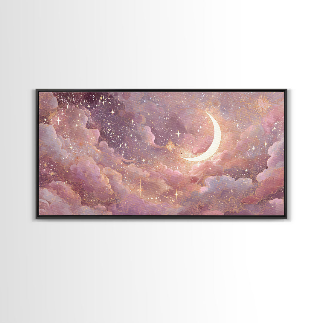 Pastel Crescent Moon And Starry Cloud Wall Art, Celestial Art Print, Whimsigoth Decor, Nursery Room Wall Decor, Gift For Her