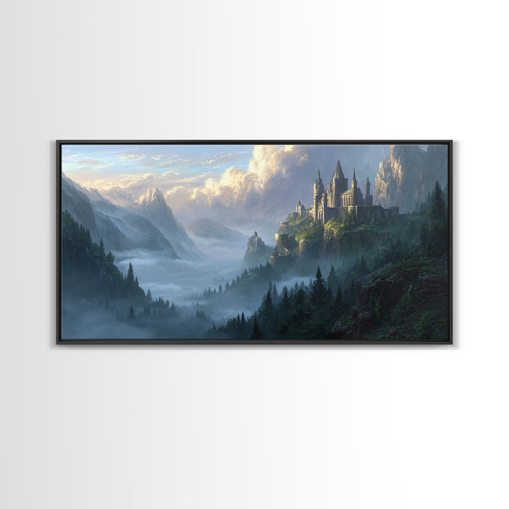 Misty Mountain Castle Above Forest Valley Framed Canvas Print, Fantasy Landscape Wall Art, Large Medieval Home Decor Housewarming Gift