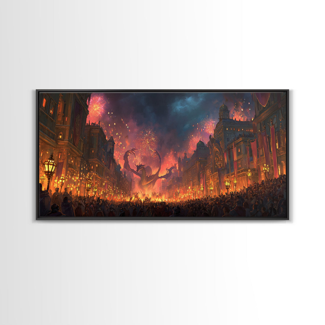 Fiery Dragon Festival In Grand City Wall Art, Dark Fantasy Canvas Print, Maximalist Decor, Gaming Room Poster Gift For Him