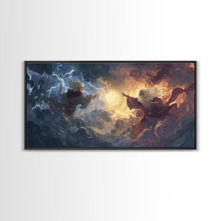 Storm Wizards Casting Light In Celestial Clouds Canvas Print, Fantasy Wall Art, Mystical Decor, Dramatic Surreal Art Gift