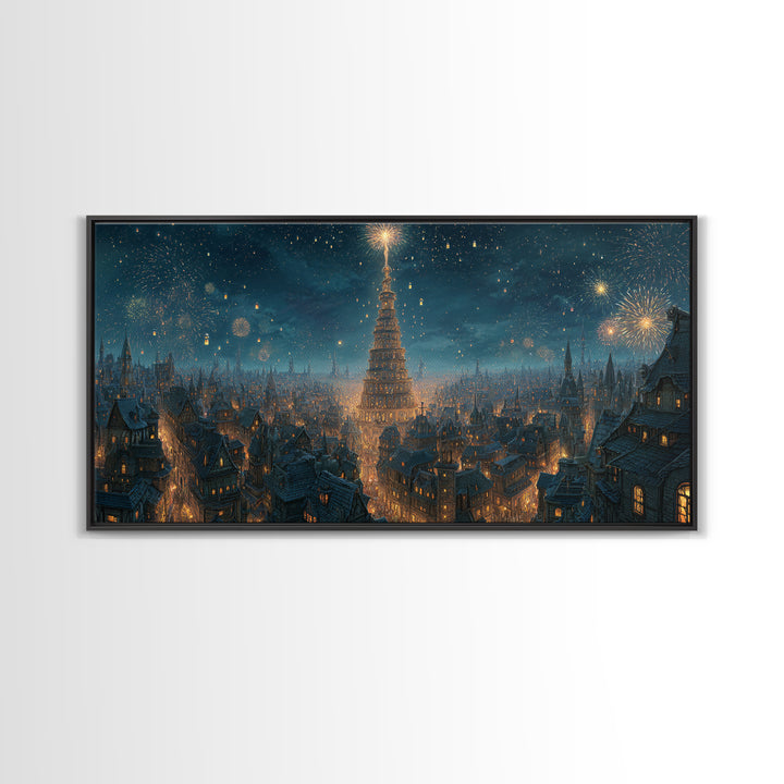 Starry Winter City With Towering Yule Tree Framed Canvas Print, Fantasy Wall Art, Holiday Decor, Magical Christmas Wall Decor Gift