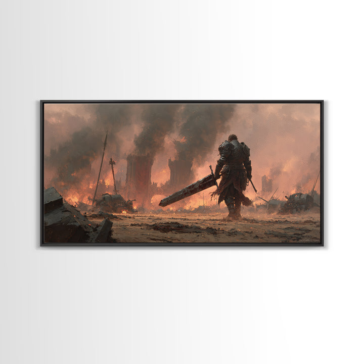 Armored Warrior With Giant Sword In Burning Ruins Canvas Print, Dark Fantasy Wall Art, Medieval Game Room Decor Gift For Him